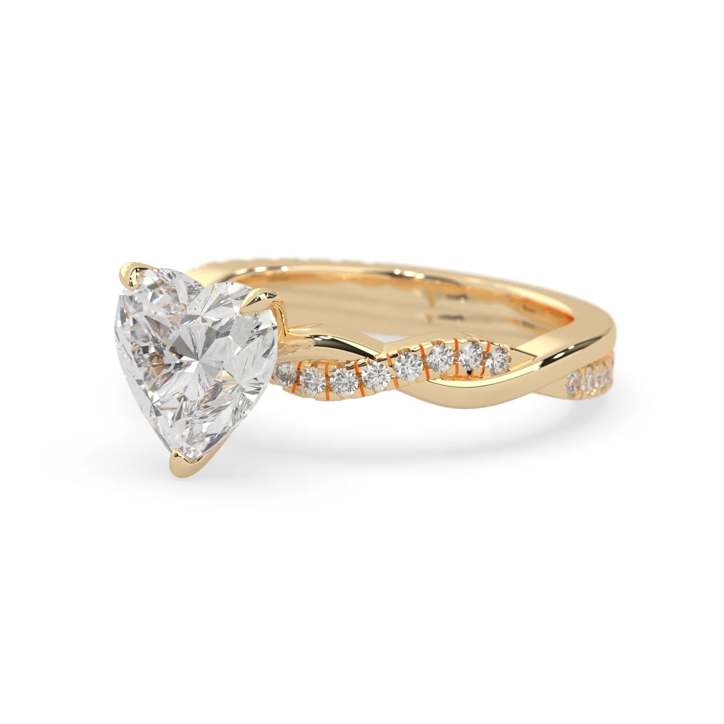 Heart brilliant lab grown diamond engagement ring with prong setting and twisted pavé diamond band in yellow gold tone