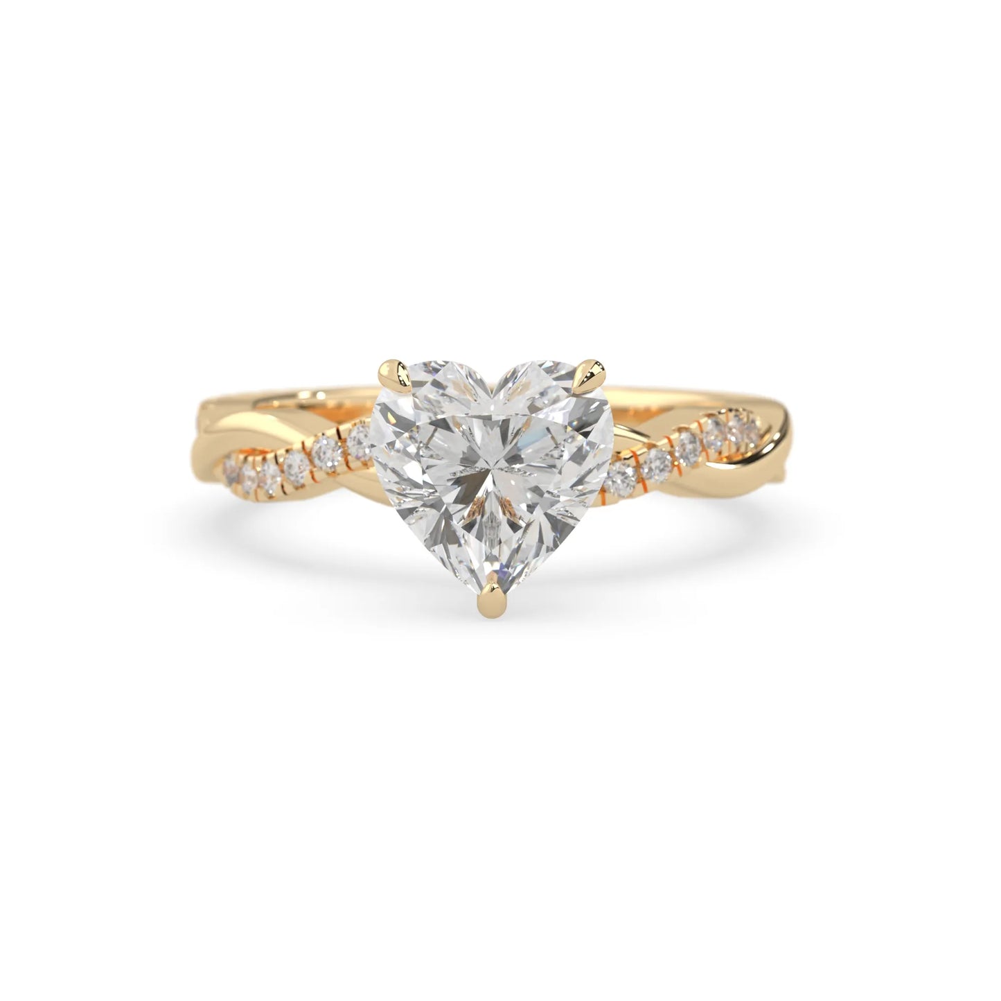 Heart brilliant lab grown diamond engagement ring with prong setting and twisted pavé diamond band in yellow gold tone