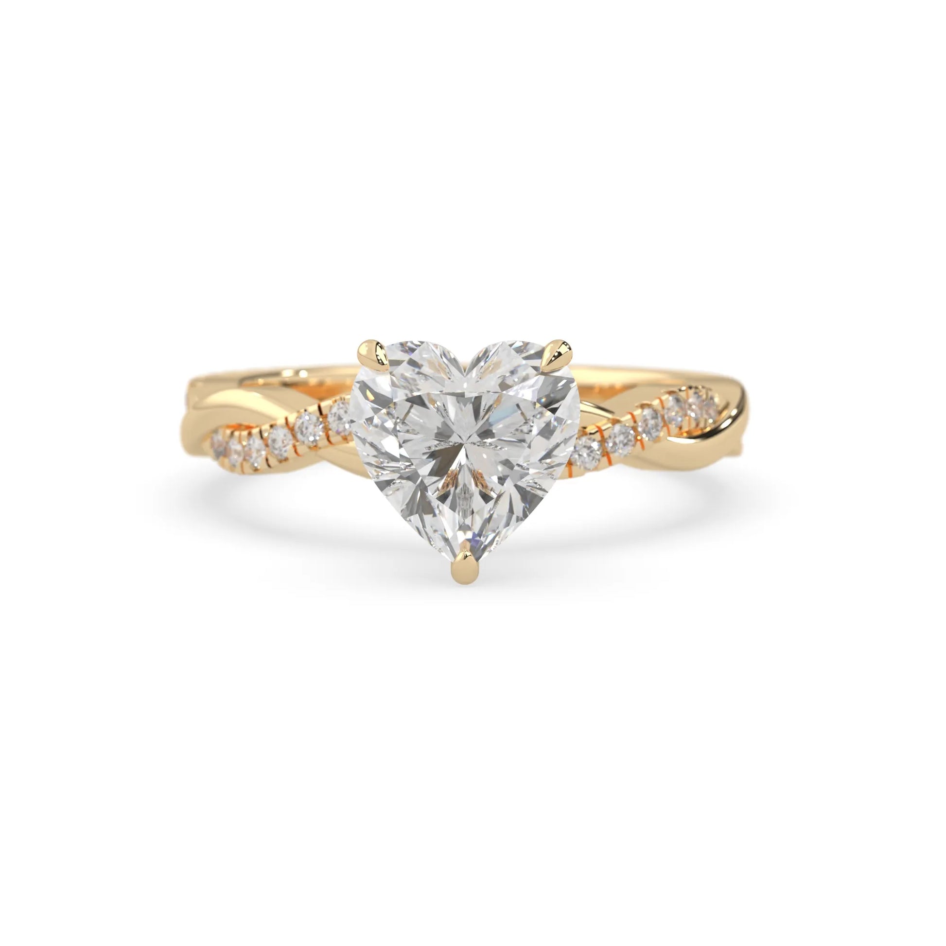 Heart brilliant lab grown diamond engagement ring with prong setting and twisted pavé diamond band in yellow gold tone