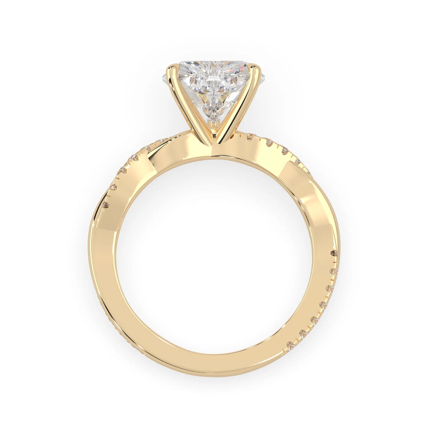Heart brilliant lab grown diamond engagement ring with prong setting and twisted pavé diamond band in yellow gold tone