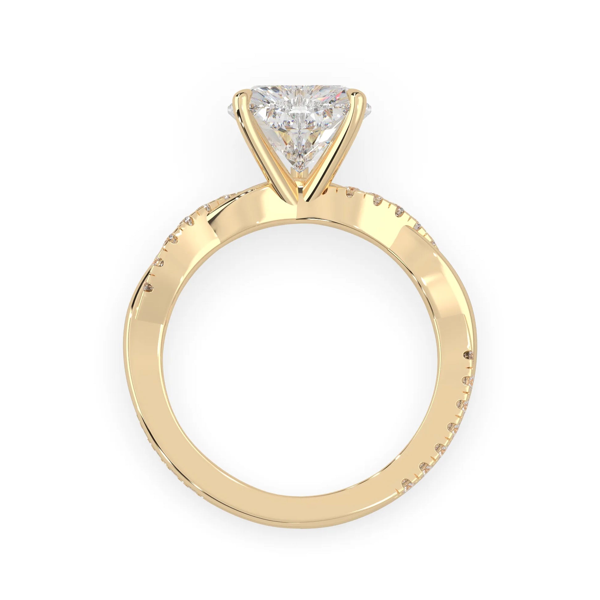 Heart brilliant lab grown diamond engagement ring with prong setting and twisted pavé diamond band in yellow gold tone