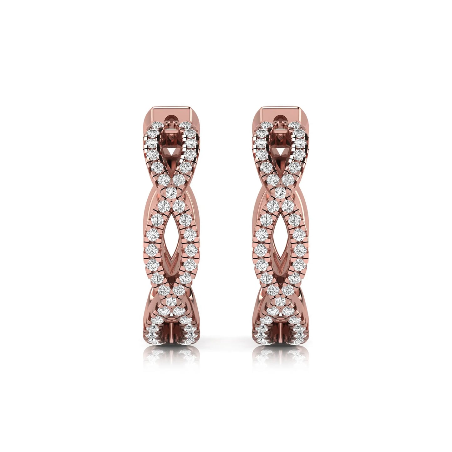 Infinity pavé lab grown diamond huggie hoop earrings featuring round brilliant diamonds in an open infinity design with additional pavé diamonds on a rose gold hinged hoop.