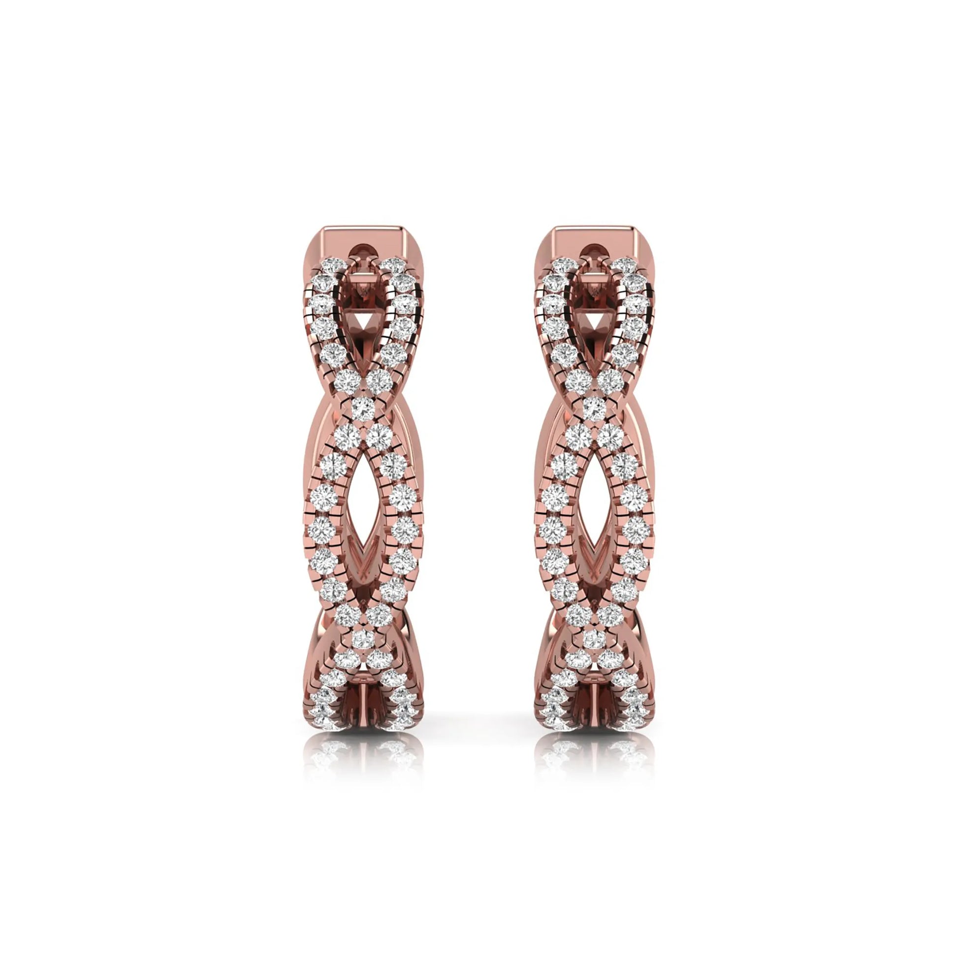 Infinity pavé lab grown diamond huggie hoop earrings featuring round brilliant diamonds in an open infinity design with additional pavé diamonds on a rose gold hinged hoop.
