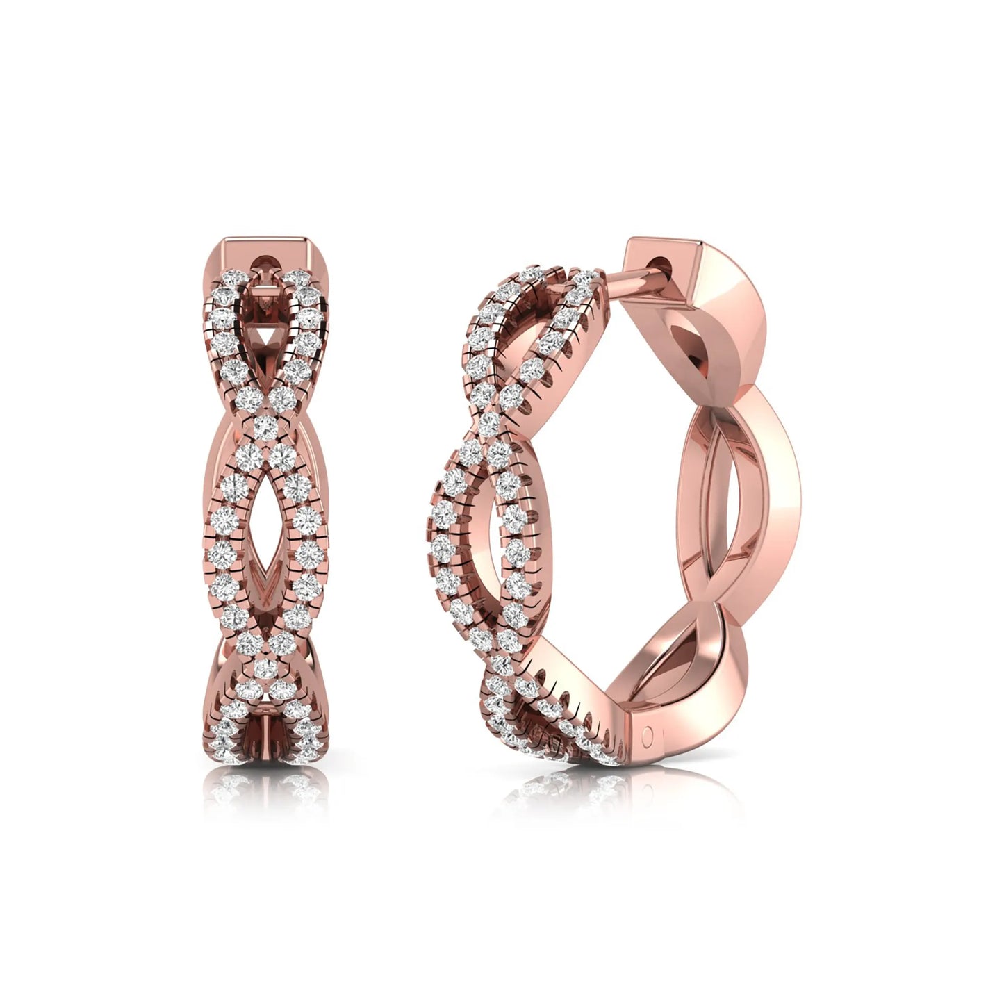Infinity pavé lab grown diamond huggie hoop earrings featuring round brilliant diamonds in an open infinity design with additional pavé diamonds on a rose gold hinged hoop.