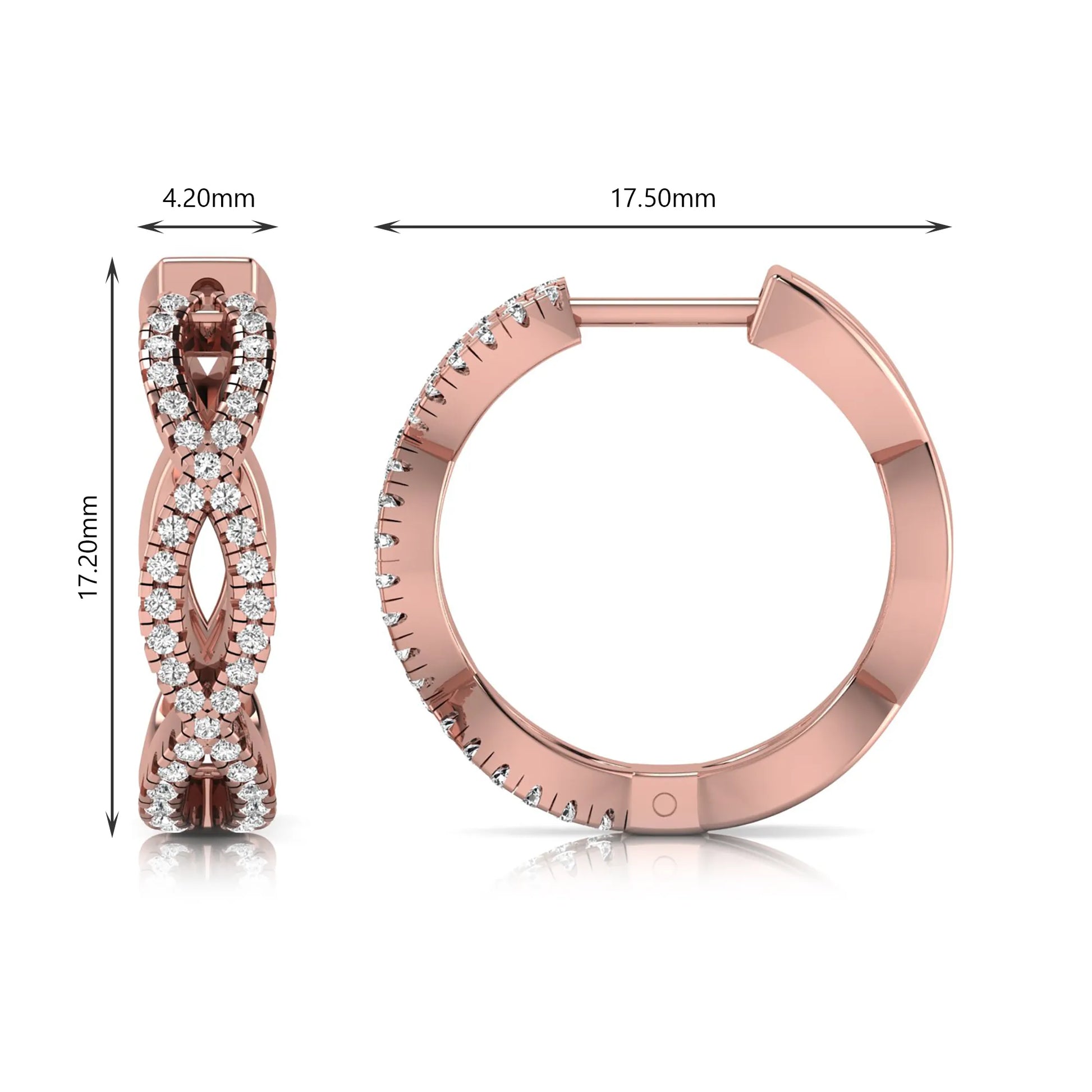 Infinity pavé lab grown diamond huggie hoop earrings featuring round brilliant diamonds in an open infinity design with additional pavé diamonds on a rose gold hinged hoop.