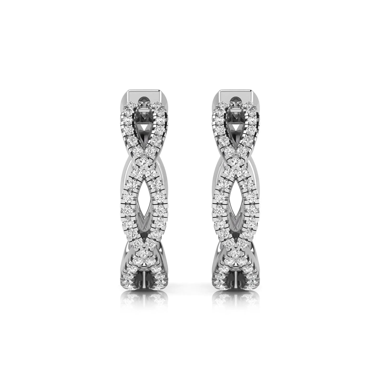 Infinity pavé lab grown diamond huggie hoop earrings featuring round brilliant diamonds in an open infinity design with additional pavé diamonds on a white gold hinged hoop.