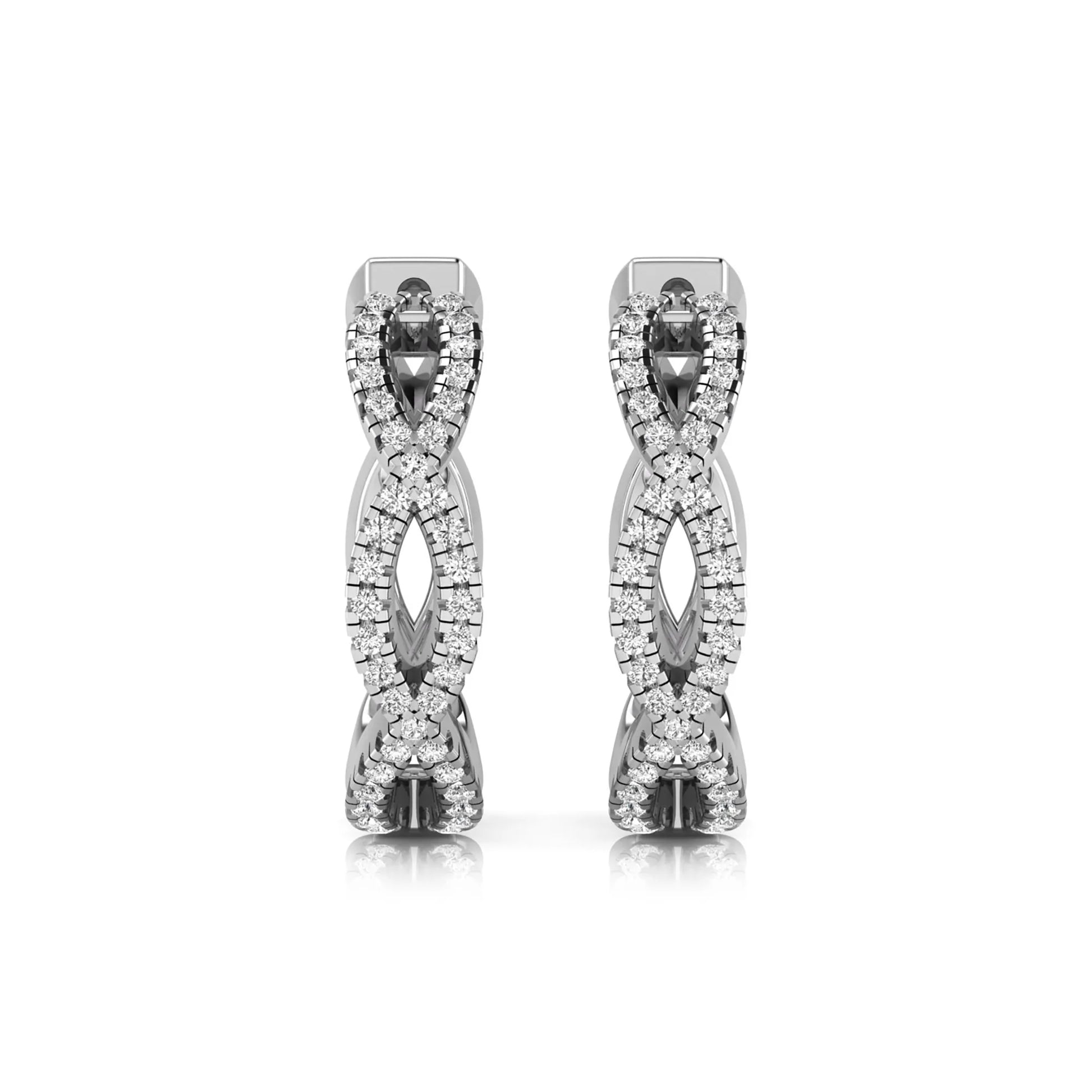 Infinity pavé lab grown diamond huggie hoop earrings featuring round brilliant diamonds in an open infinity design with additional pavé diamonds on a white gold hinged hoop.