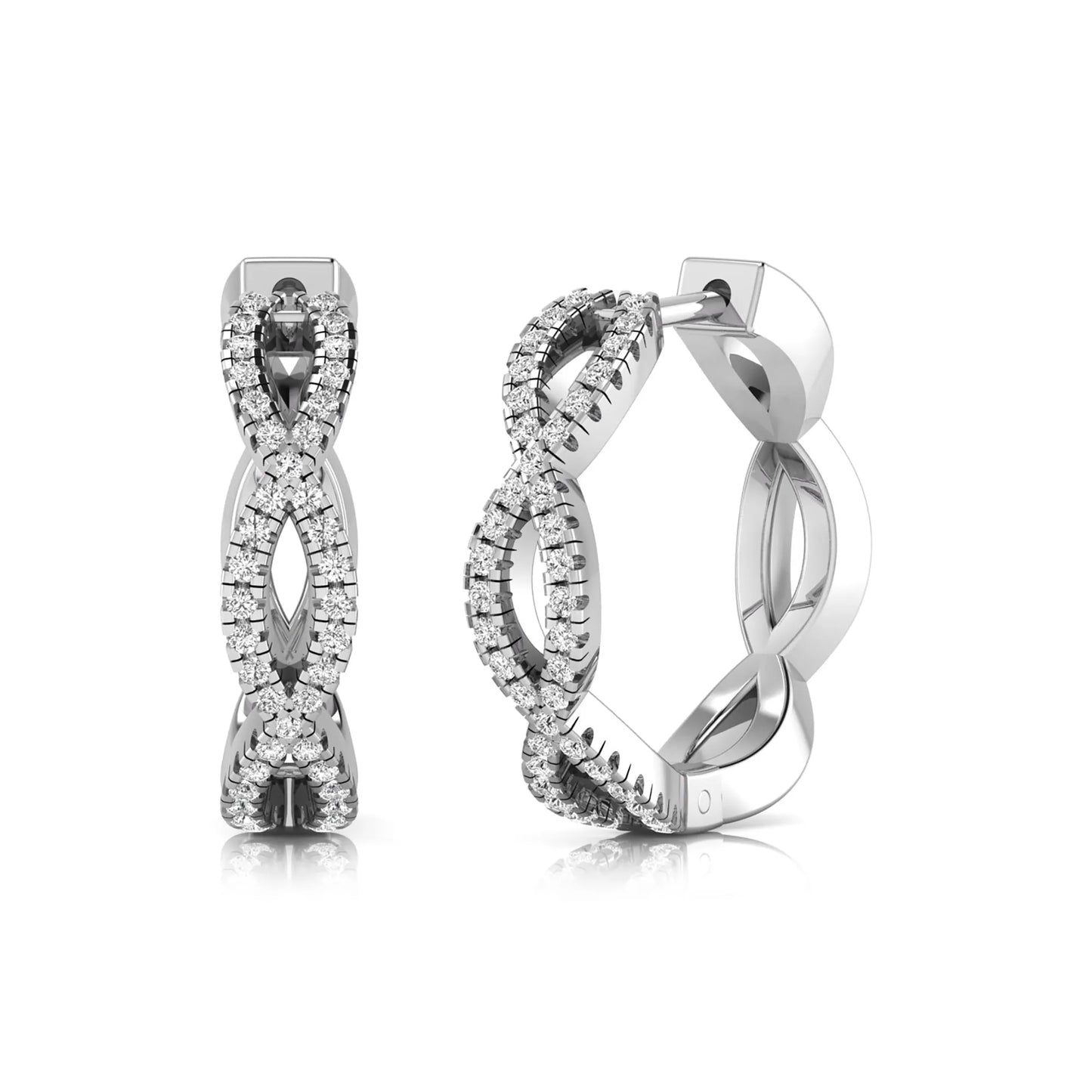 Infinity pavé lab grown diamond huggie hoop earrings featuring round brilliant diamonds in an open infinity design with additional pavé diamonds on a white gold hinged hoop.