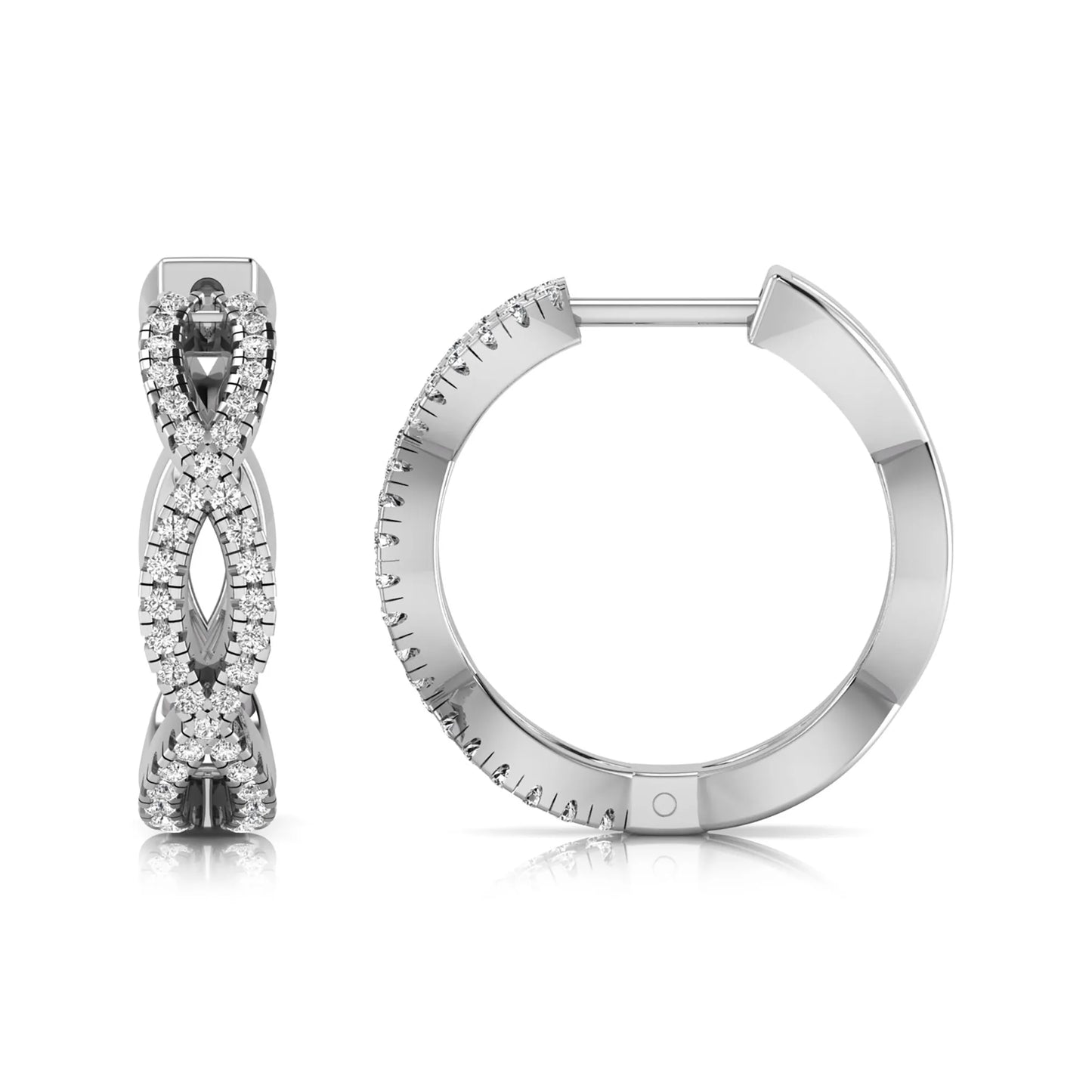 Infinity pavé lab grown diamond huggie hoop earrings featuring round brilliant diamonds in an open infinity design with additional pavé diamonds on a white gold hinged hoop.