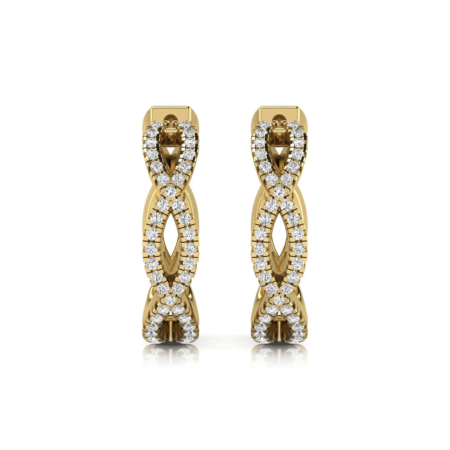 Infinity pavé lab grown diamond huggie hoop earrings featuring round brilliant diamonds in an open infinity design with additional pavé diamonds on a yellow gold hinged hoop.