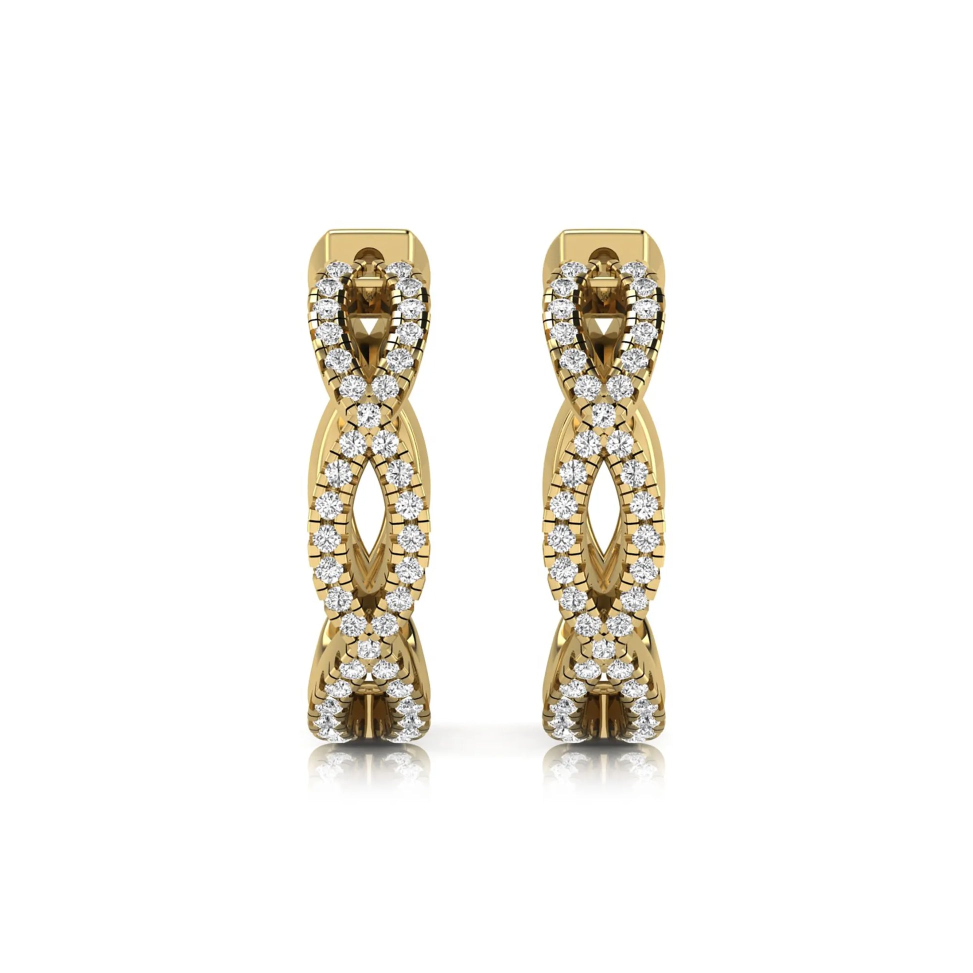 Infinity pavé lab grown diamond huggie hoop earrings featuring round brilliant diamonds in an open infinity design with additional pavé diamonds on a yellow gold hinged hoop.