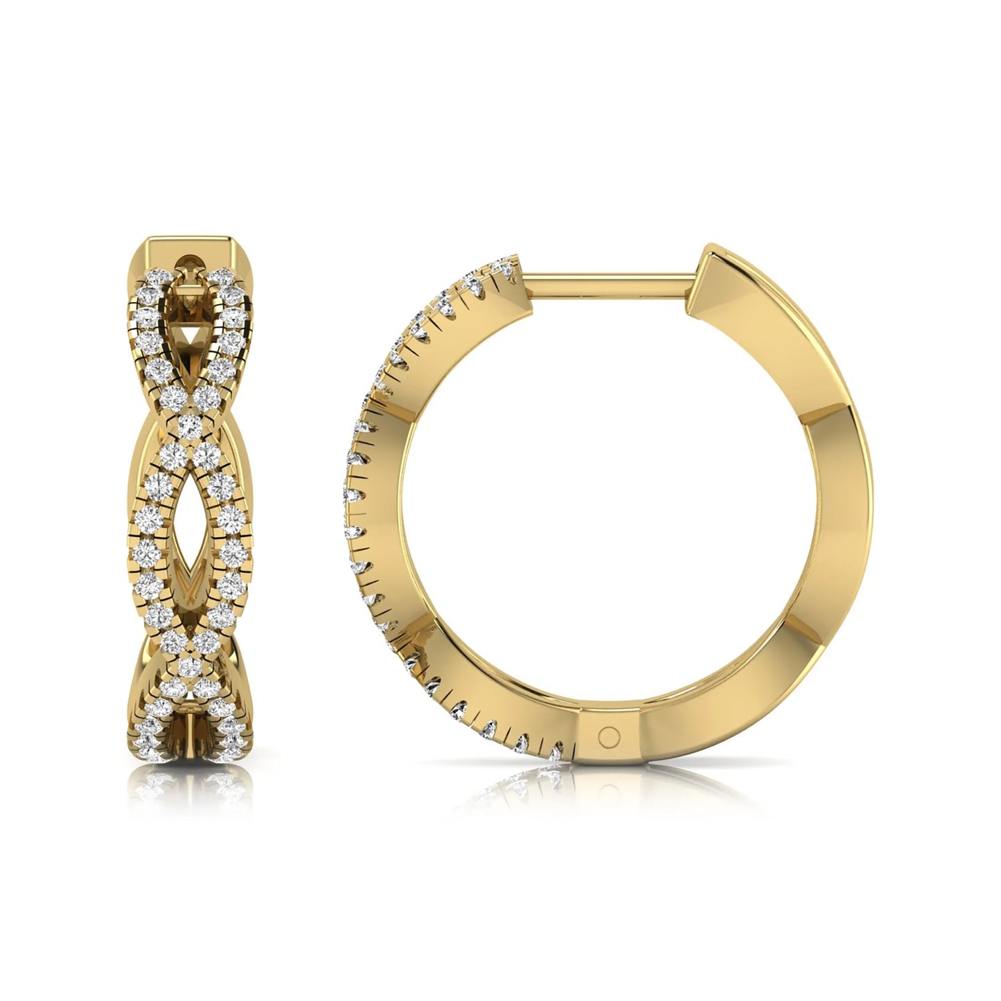 Infinity pavé lab grown diamond huggie hoop earrings featuring round brilliant diamonds in an open infinity design with additional pavé diamonds on a yellow gold hinged hoop.