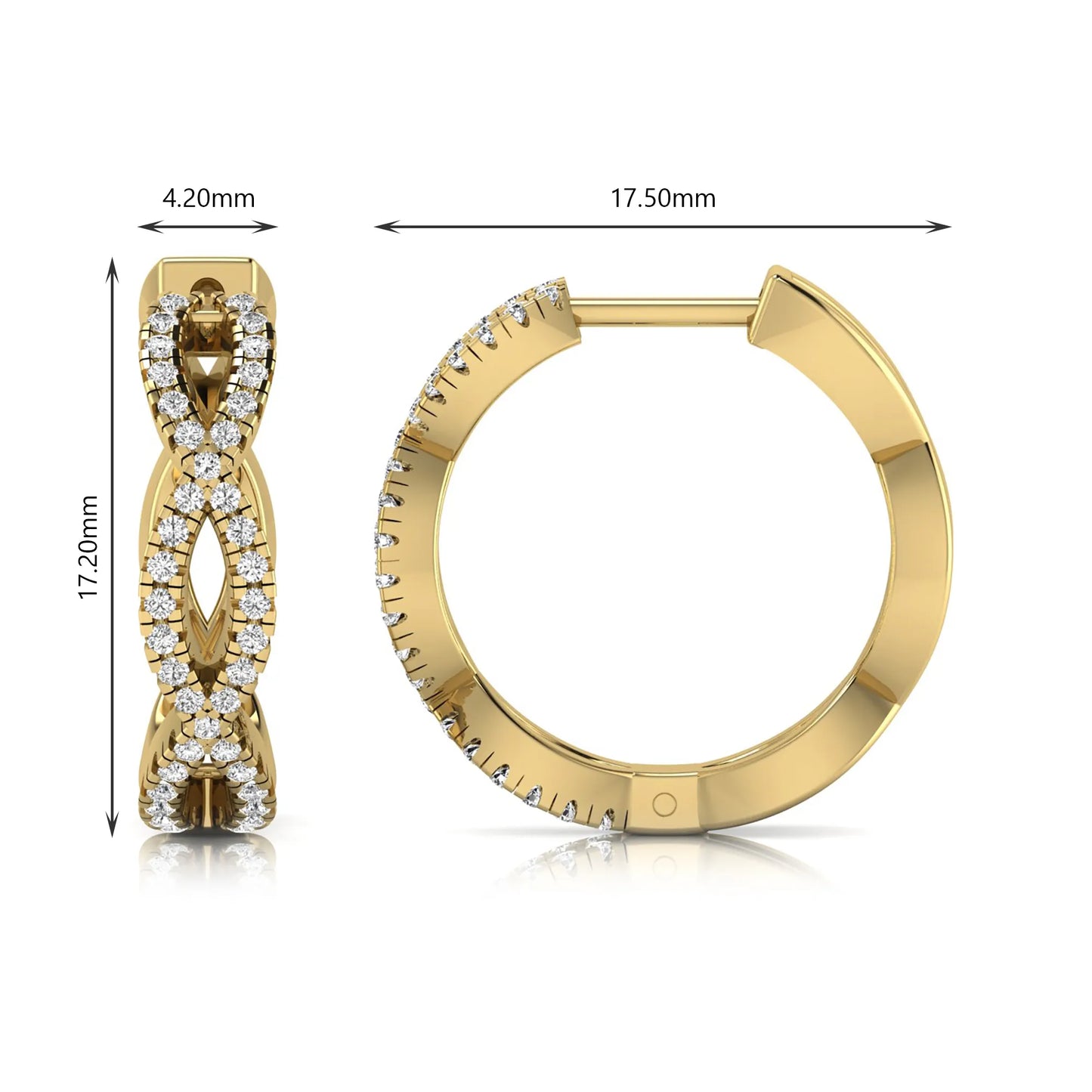 Infinity pavé lab grown diamond huggie hoop earrings featuring round brilliant diamonds in an open infinity design with additional pavé diamonds on a yellow gold hinged hoop.