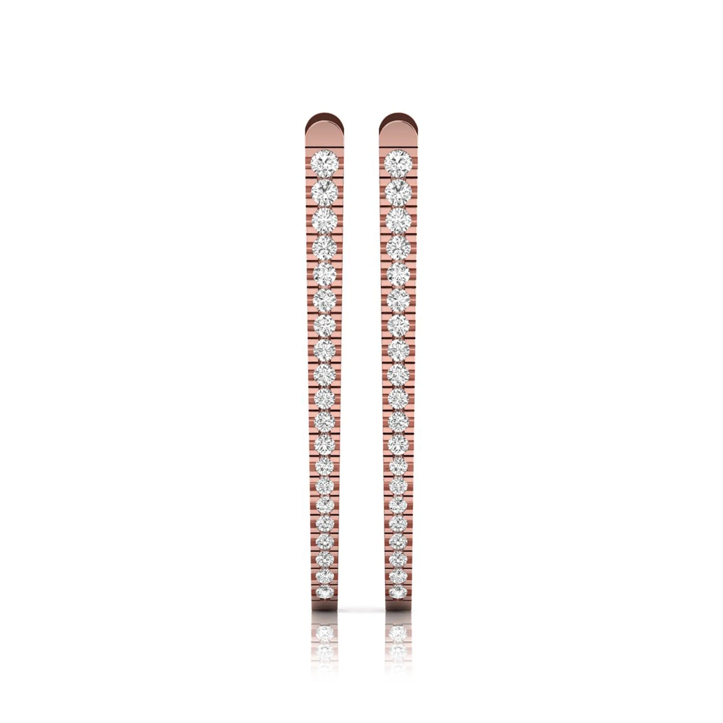 Inside-out round cut lab grown diamond hoop earrings with shared prong setting, elongated oval silhouette, hinged snap closure, and rose gold tone.
