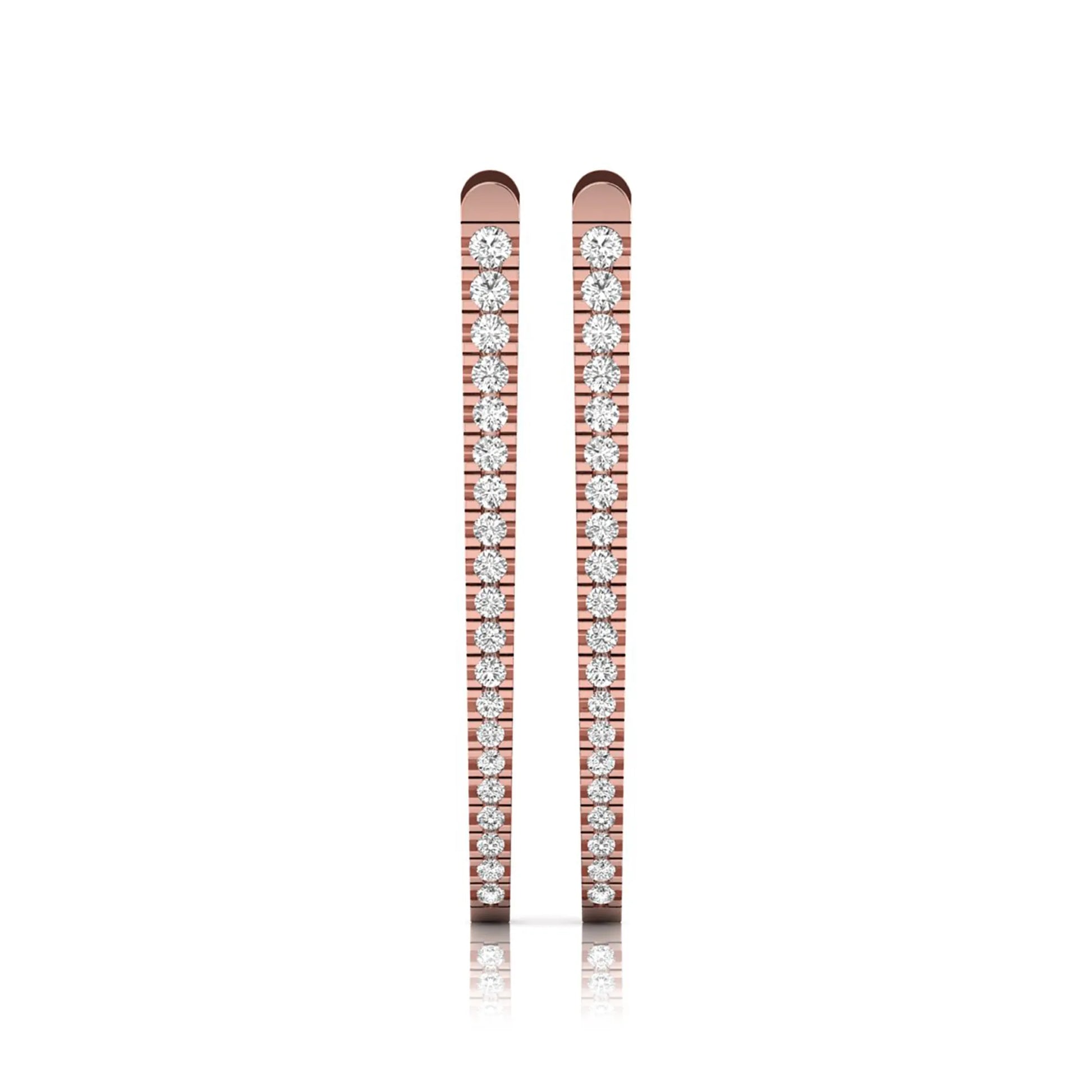 Inside-out round cut lab grown diamond hoop earrings with shared prong setting, elongated oval silhouette, hinged snap closure, and rose gold tone.