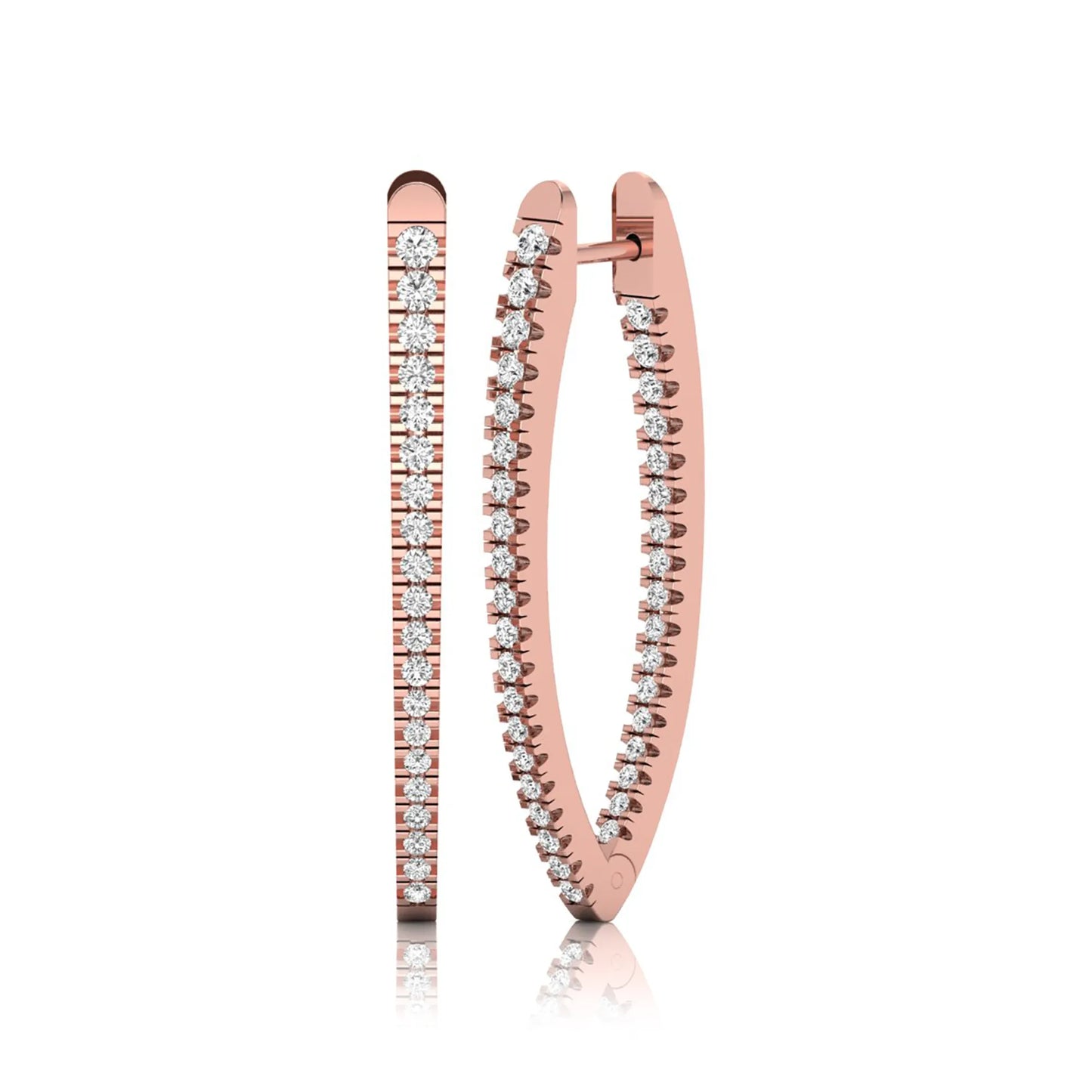 Inside-out round cut lab grown diamond hoop earrings with shared prong setting, elongated oval silhouette, hinged snap closure, and rose gold tone.