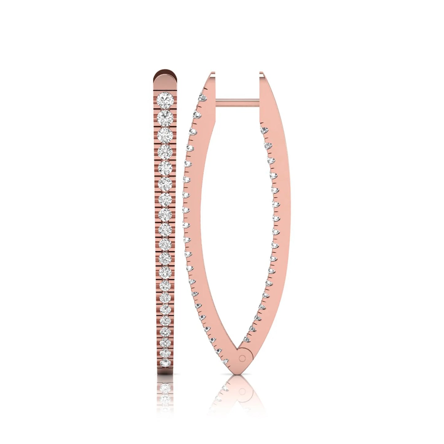 Inside-out round cut lab grown diamond hoop earrings with shared prong setting, elongated oval silhouette, hinged snap closure, and rose gold tone.