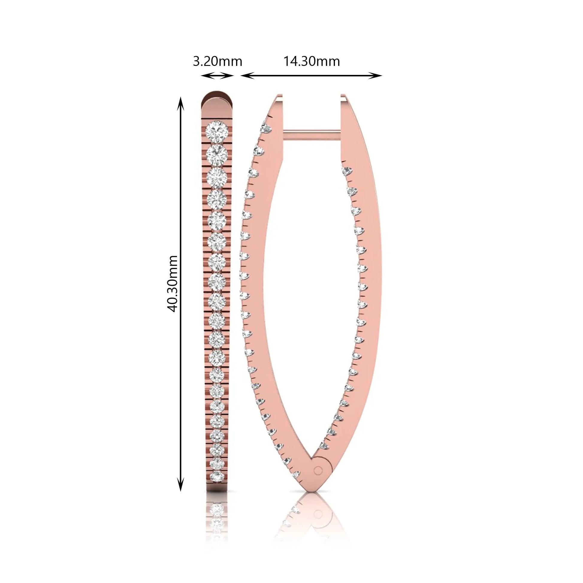 Inside-out round cut lab grown diamond hoop earrings with shared prong setting, elongated oval silhouette, hinged snap closure, and rose gold tone.