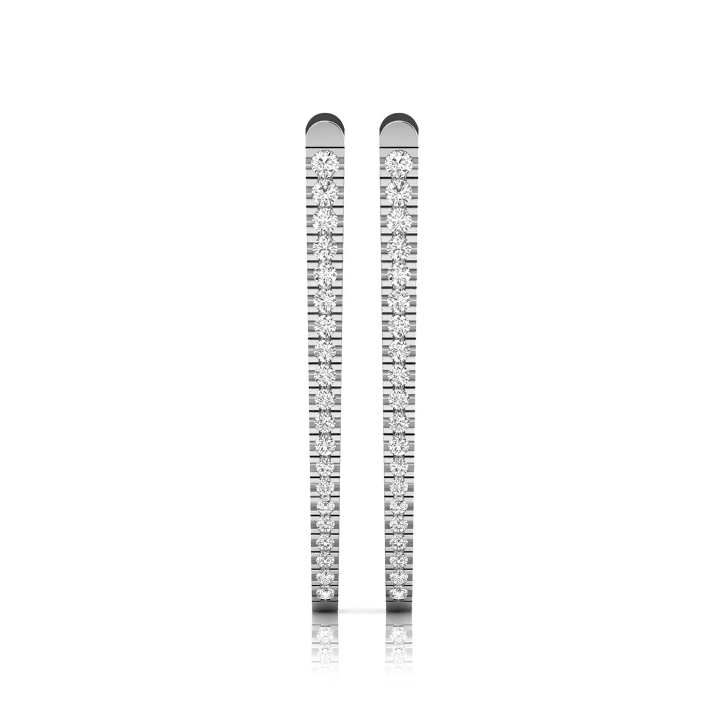 Inside-out round cut lab grown diamond hoop earrings with shared prong setting, elongated oval silhouette, hinged snap closure, and white gold tone.