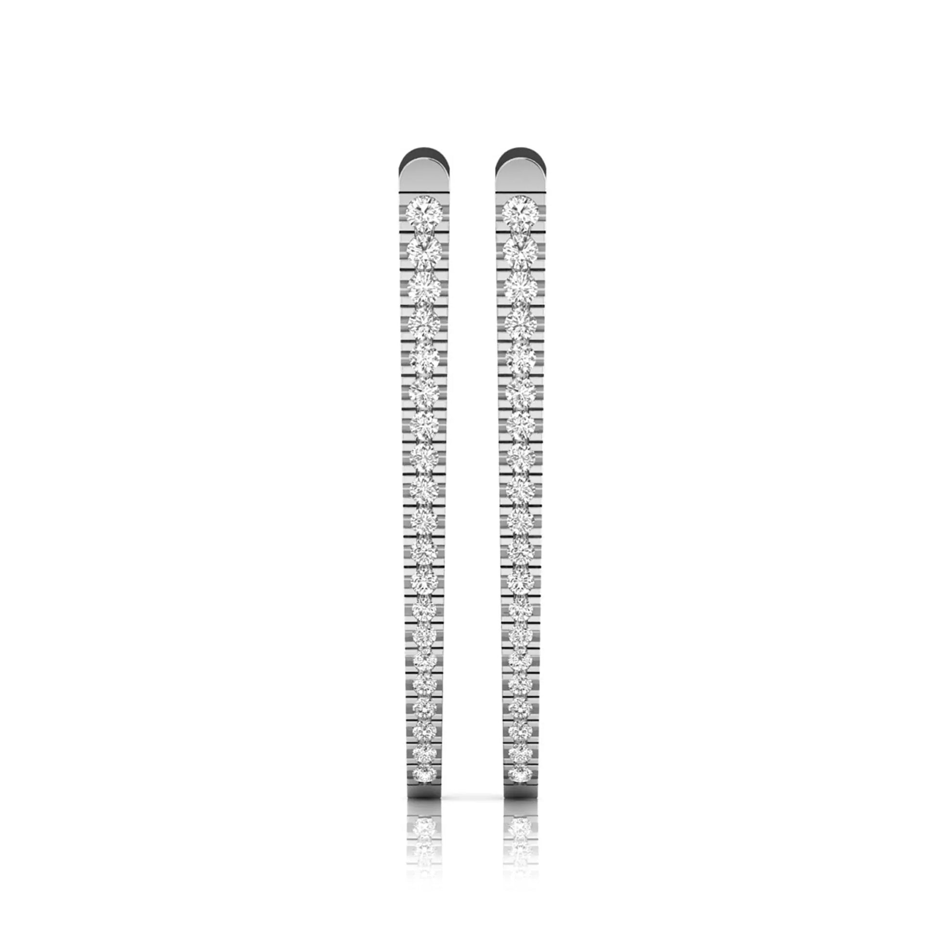 Inside-out round cut lab grown diamond hoop earrings with shared prong setting, elongated oval silhouette, hinged snap closure, and white gold tone.