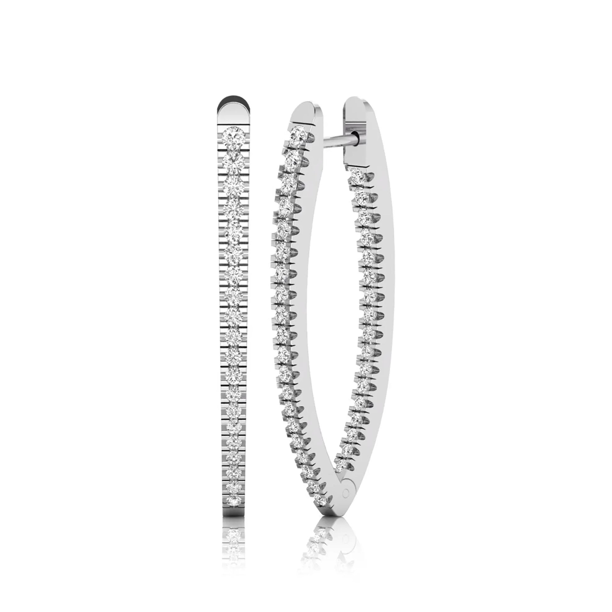 Inside-out round cut lab grown diamond hoop earrings with shared prong setting, elongated oval silhouette, hinged snap closure, and white gold tone.
