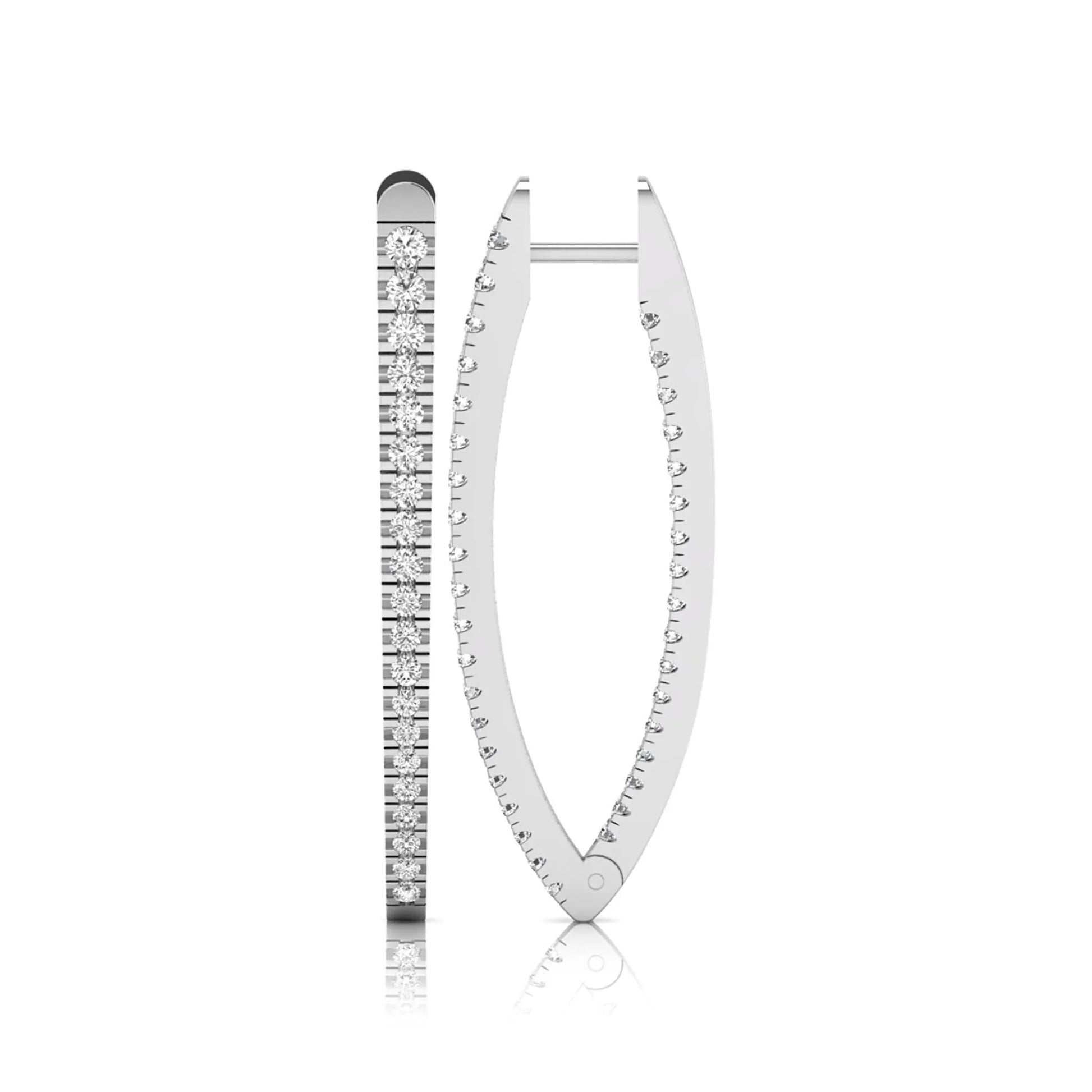 Inside-out round cut lab grown diamond hoop earrings with shared prong setting, elongated oval silhouette, hinged snap closure, and white gold tone.