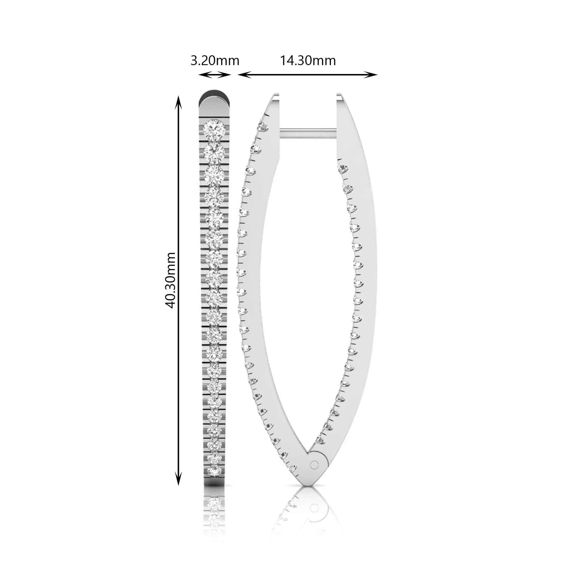 Inside-out round cut lab grown diamond hoop earrings with shared prong setting, elongated oval silhouette, hinged snap closure, and white gold tone.