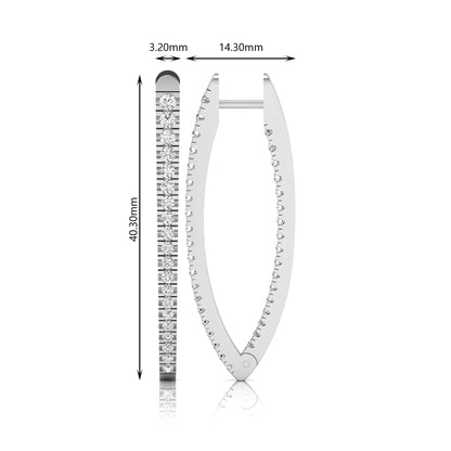 Inside-out round cut lab grown diamond hoop earrings with shared prong setting, elongated oval silhouette, hinged snap closure, and white gold tone.
