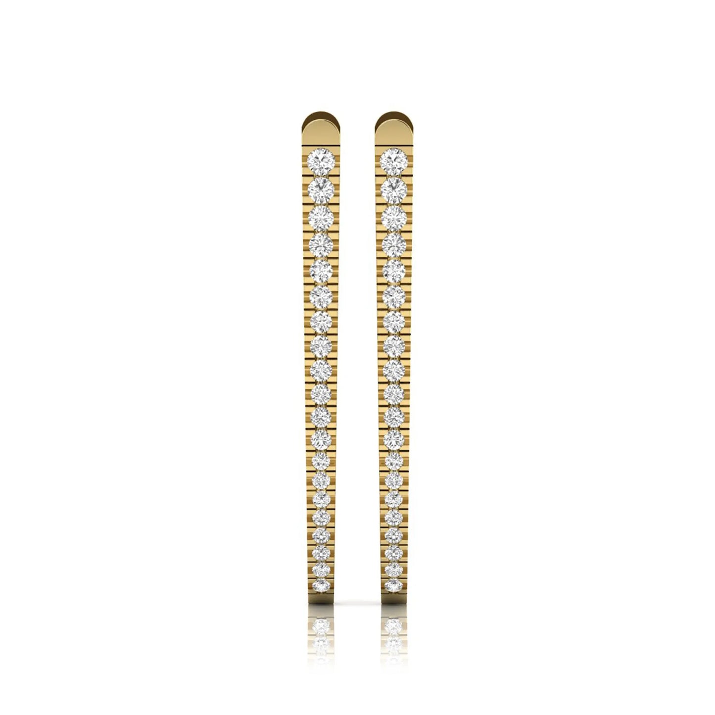 Inside-out round cut lab grown diamond hoop earrings with shared prong setting, elongated oval silhouette, hinged snap closure, and yellow gold tone.