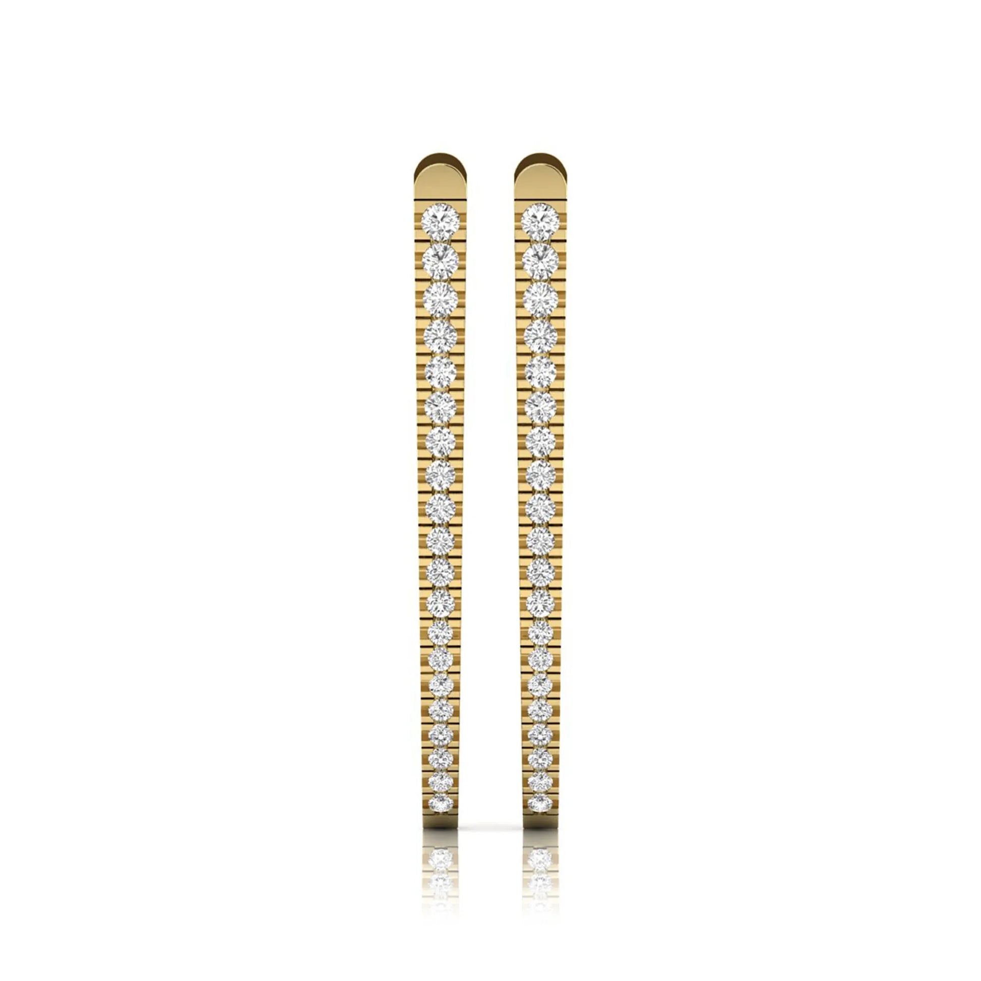 Inside-out round cut lab grown diamond hoop earrings with shared prong setting, elongated oval silhouette, hinged snap closure, and yellow gold tone.