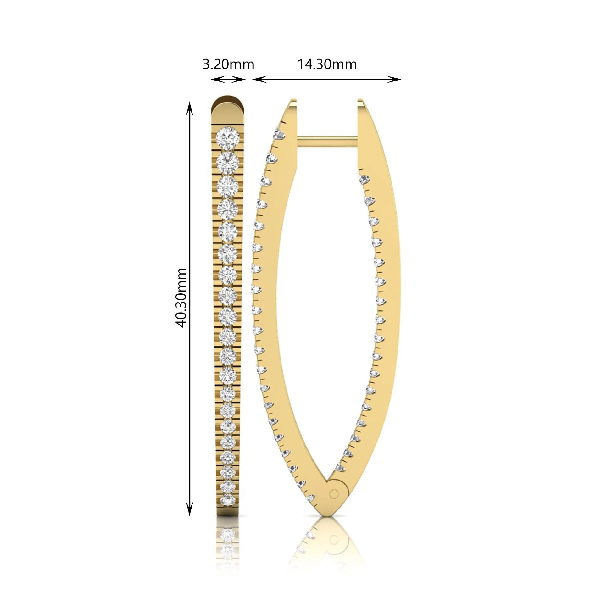 Inside-out round cut lab grown diamond hoop earrings with shared prong setting, elongated oval silhouette, hinged snap closure, and yellow gold tone.
