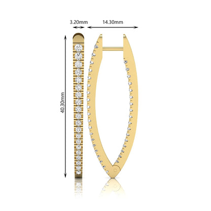 Inside-out round cut lab grown diamond hoop earrings with shared prong setting, elongated oval silhouette, hinged snap closure, and yellow gold tone.