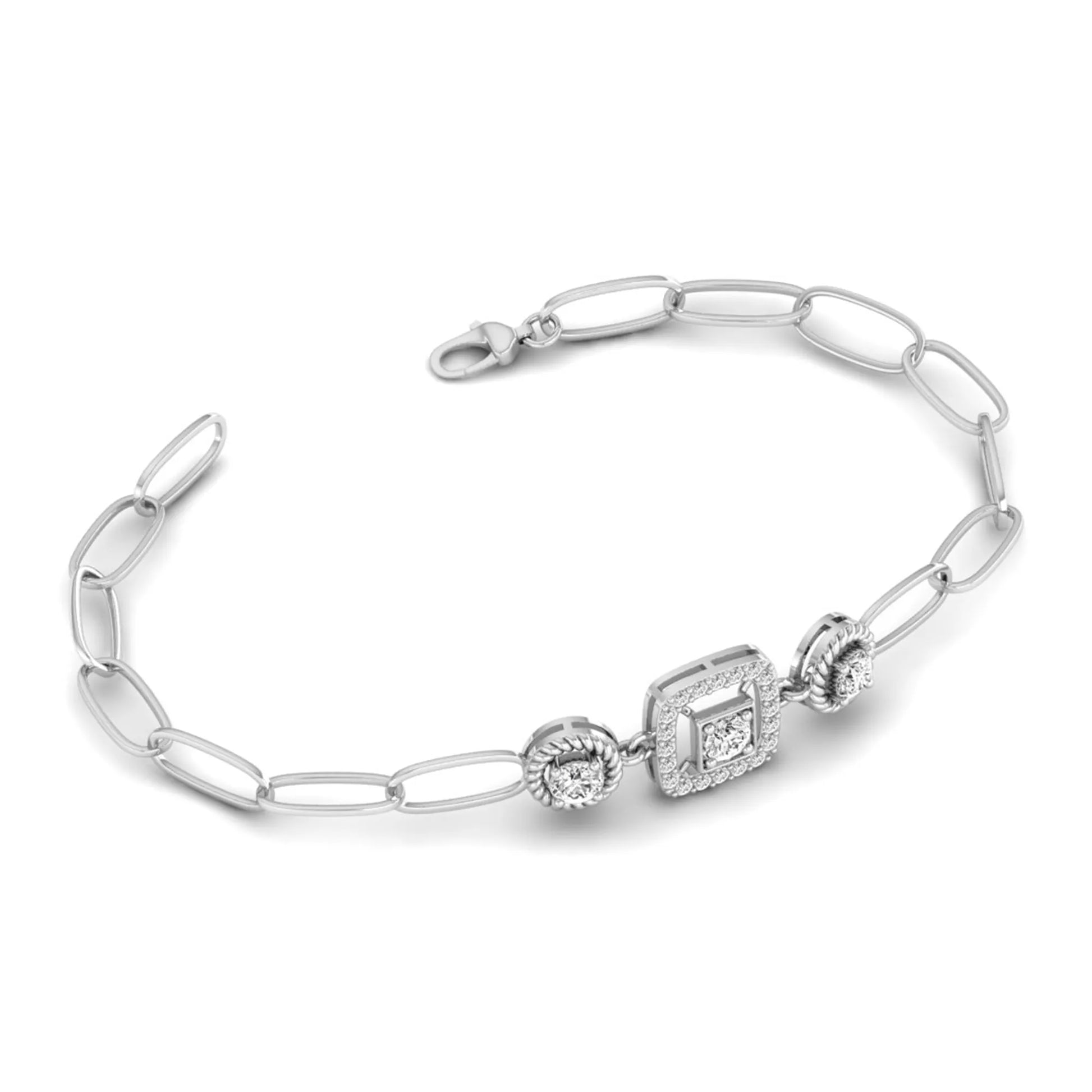 white-gold bracelet with decorative links on a white background