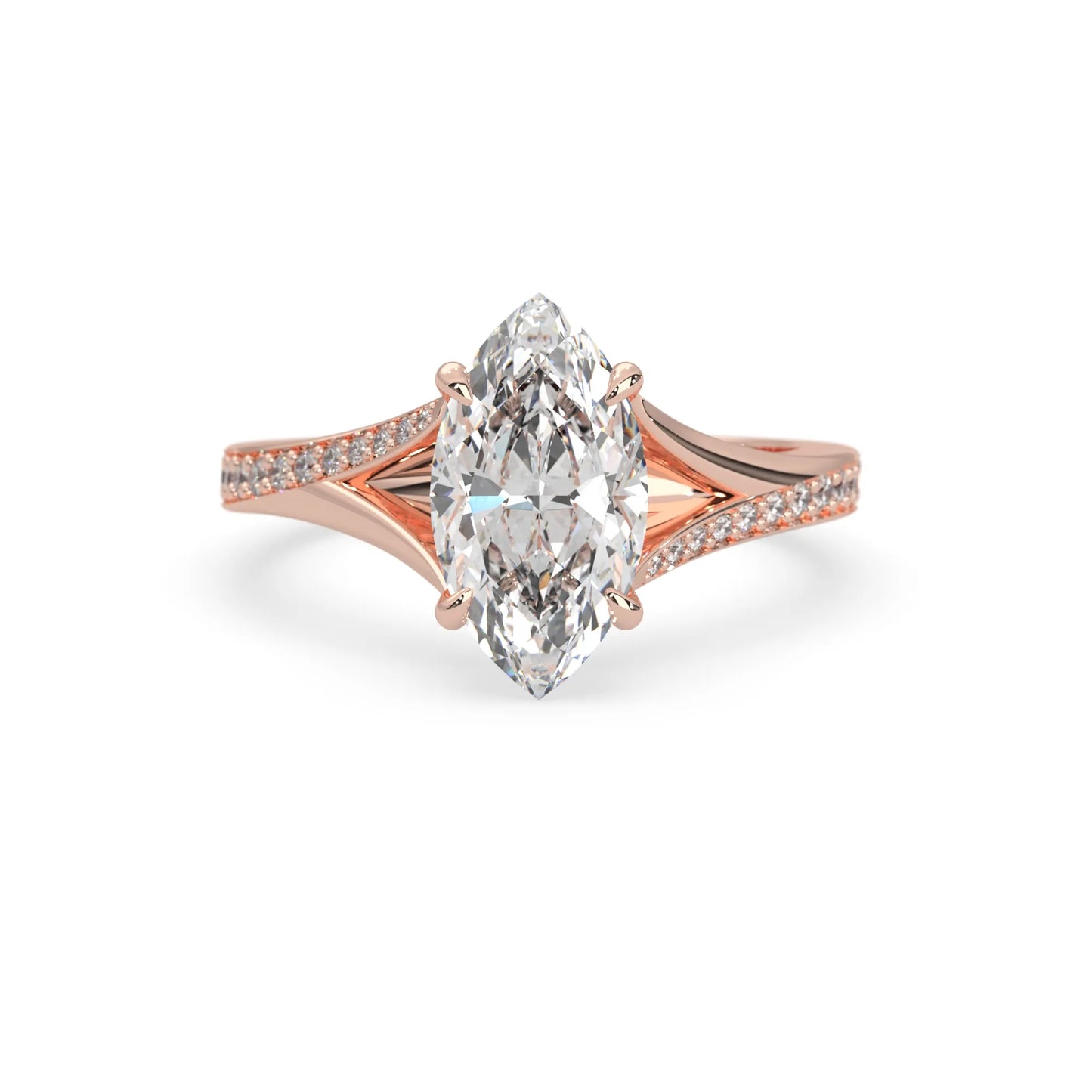 marquise cut lab grown diamond split shank engagement ring with diamond accented band in rose gold
