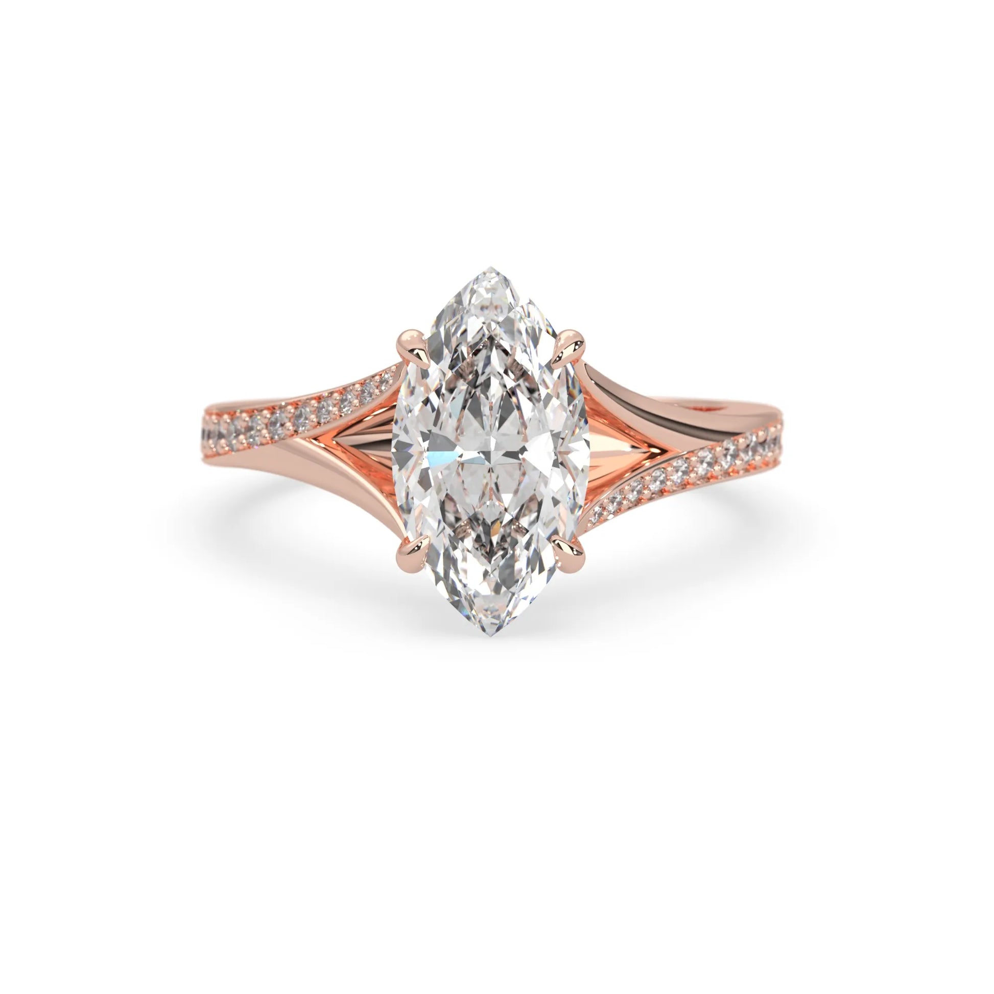 marquise cut lab grown diamond split shank engagement ring with diamond accented band in rose gold