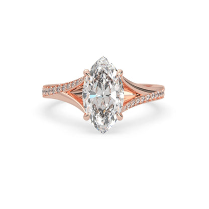 marquise cut lab grown diamond split shank engagement ring with diamond accented band in rose gold