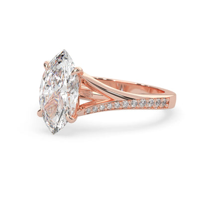 marquise cut lab grown diamond split shank engagement ring with diamond accented band in rose gold