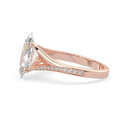 marquise cut lab grown diamond split shank engagement ring with diamond accented band in rose gold