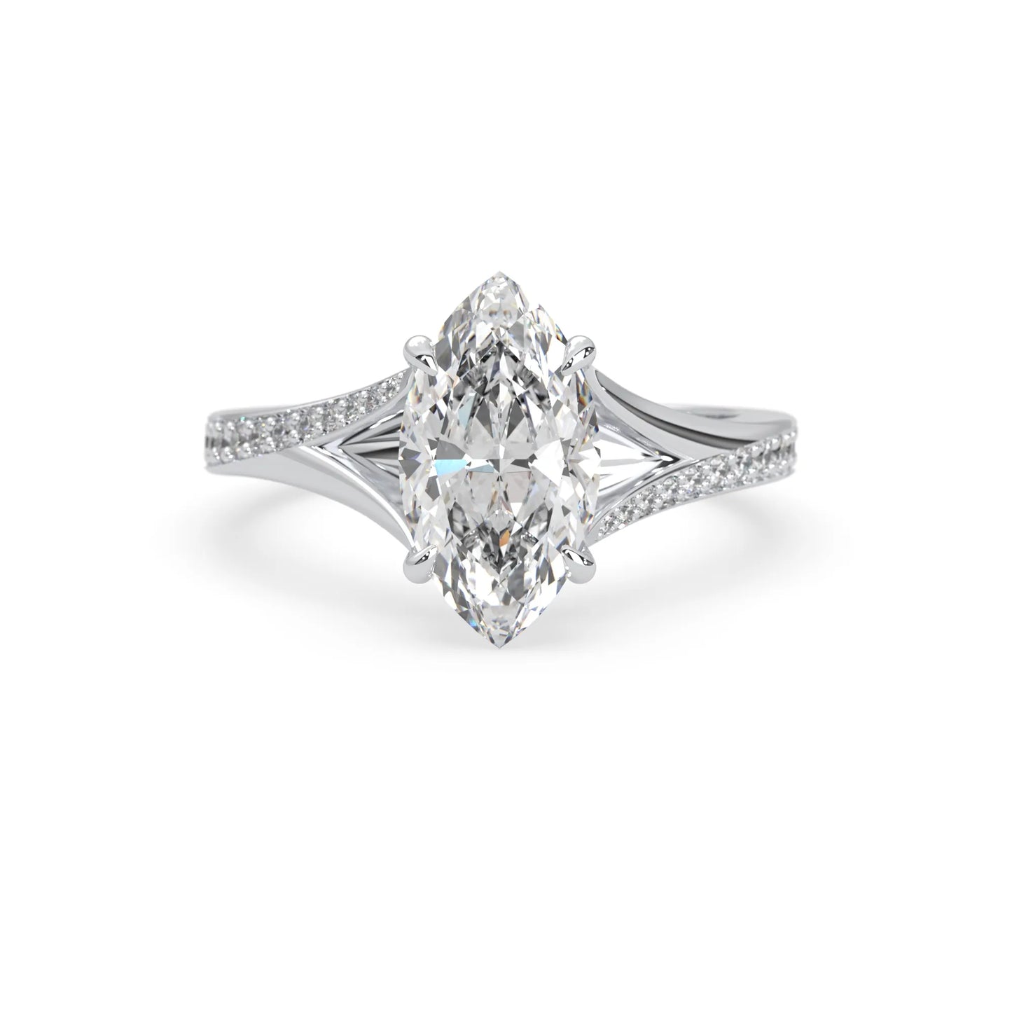 marquise cut lab grown diamond split shank engagement ring with diamond accented band in white gold