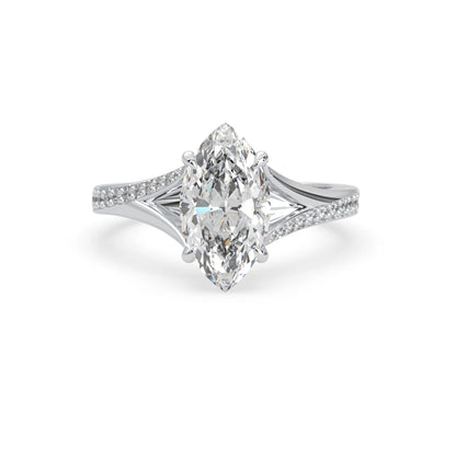 marquise cut lab grown diamond split shank engagement ring with diamond accented band in white gold
