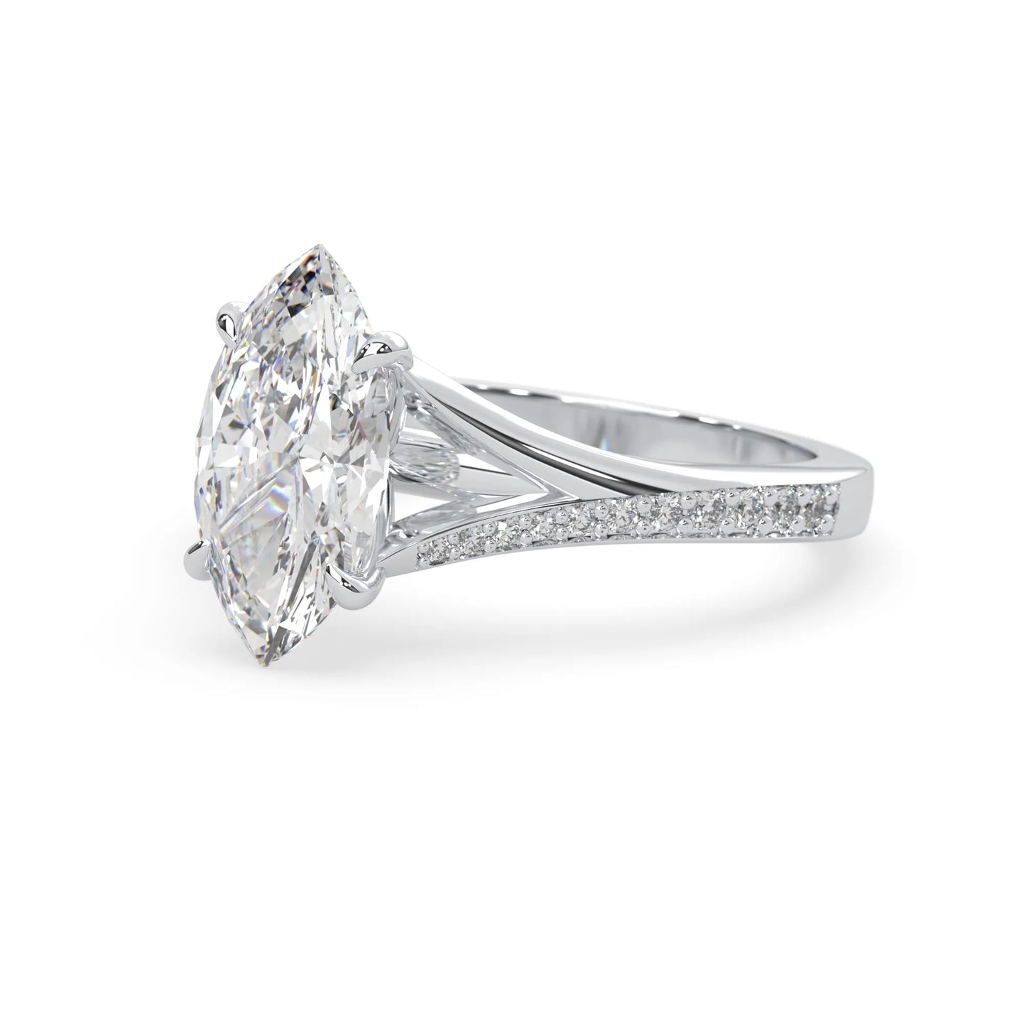 marquise cut lab grown diamond split shank engagement ring with diamond accented band in white gold