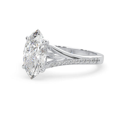 marquise cut lab grown diamond split shank engagement ring with diamond accented band in white gold