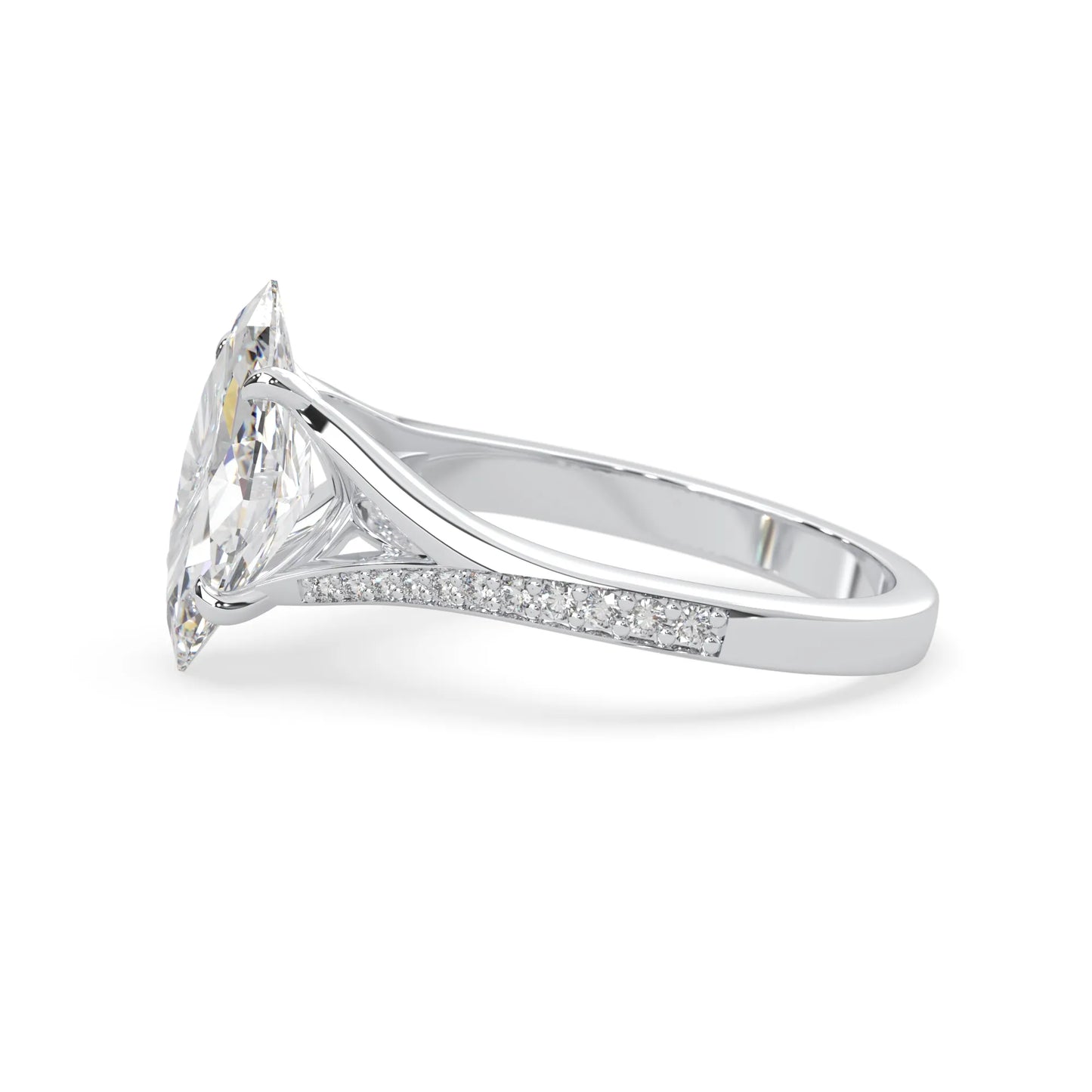 marquise cut lab grown diamond split shank engagement ring with diamond accented band in white gold