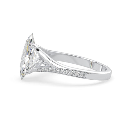 marquise cut lab grown diamond split shank engagement ring with diamond accented band in white gold
