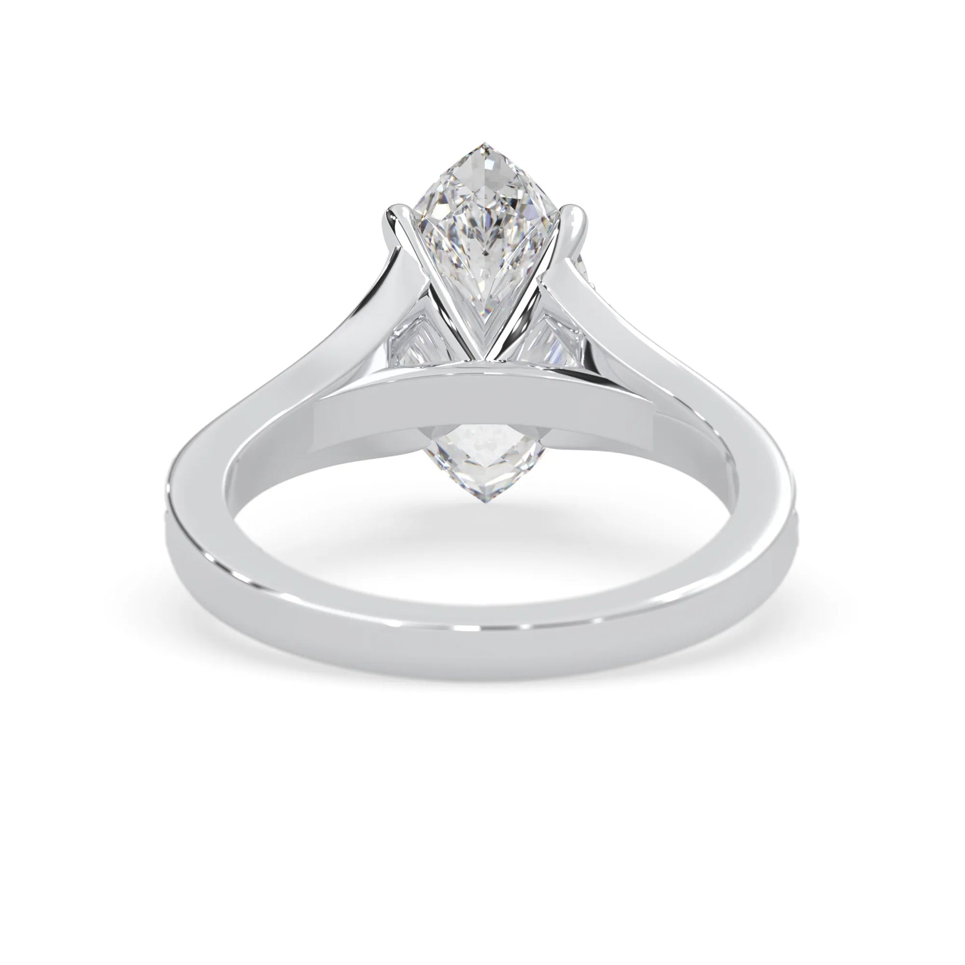marquise cut lab grown diamond split shank engagement ring with diamond accented band in white gold