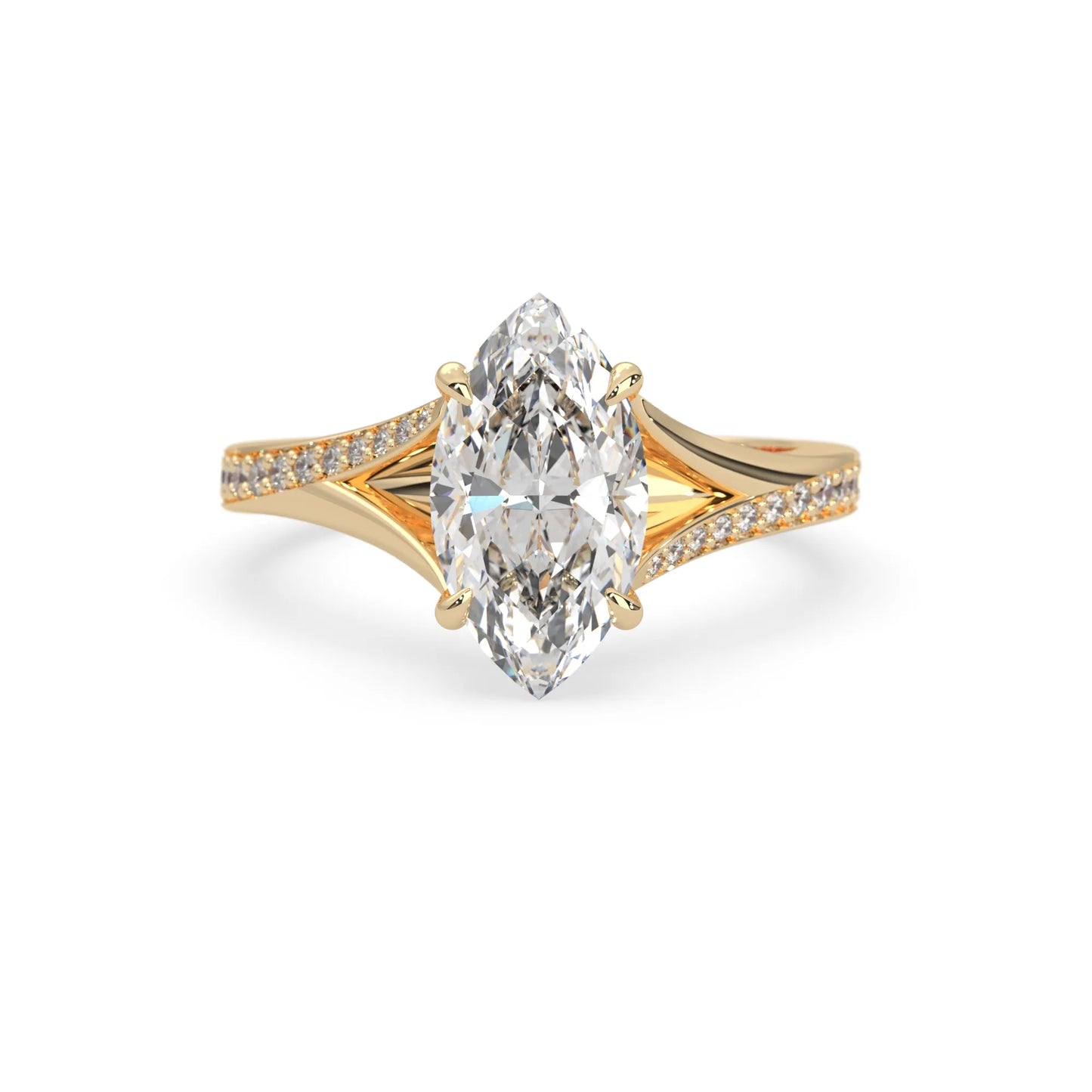 marquise cut lab grown diamond split shank engagement ring with diamond accented band in yellow gold