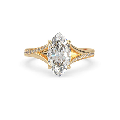 marquise cut lab grown diamond split shank engagement ring with diamond accented band in yellow gold