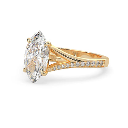 marquise cut lab grown diamond split shank engagement ring with diamond accented band in yellow gold
