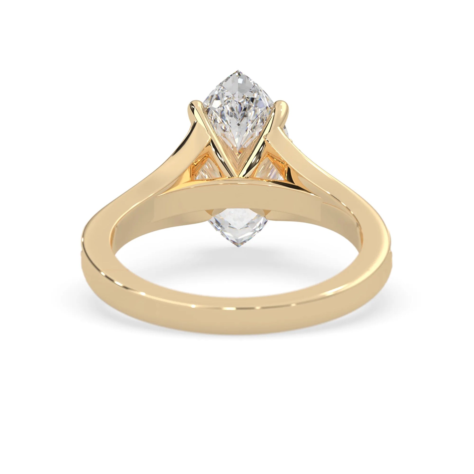 marquise cut lab grown diamond split shank engagement ring with diamond accented band in yellow gold