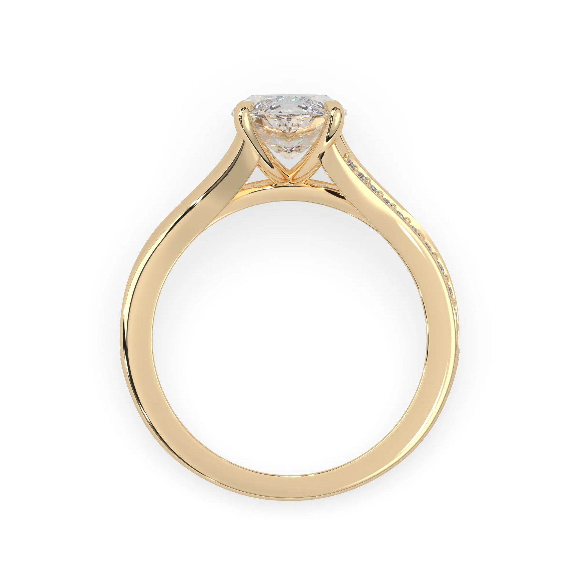marquise cut lab grown diamond split shank engagement ring with diamond accented band in yellow gold